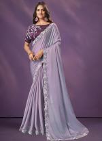 Organza Silk Violet Wedding Wear Embroidery Work Saree